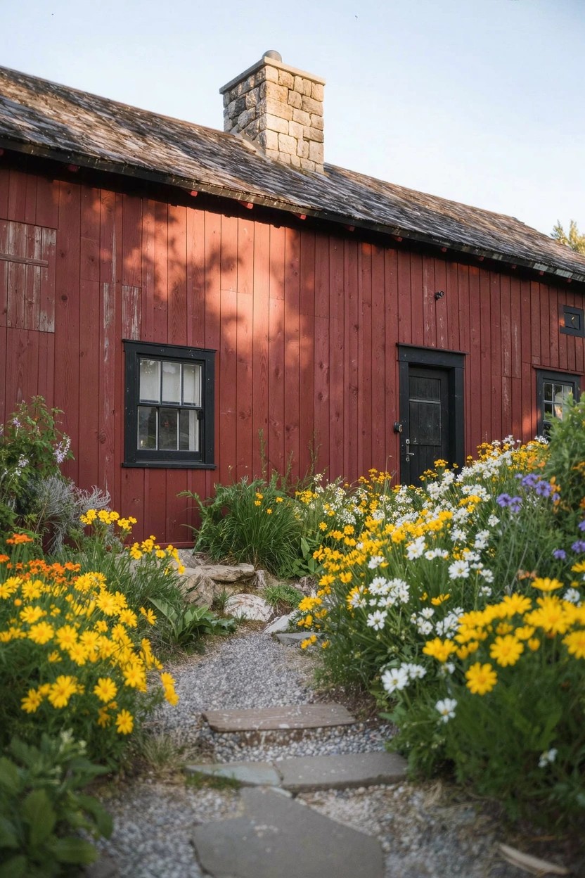 Weathered barn red house siding with black window and door trim, stone chimney, and colorful flower garden along a stone path