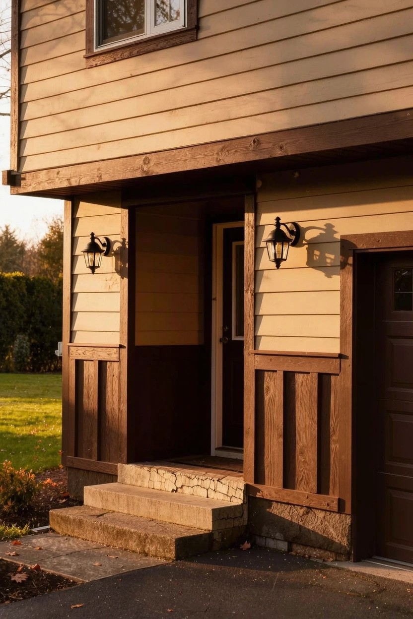 House exterior with light warm beige siding paired against dark wood trim and garage door