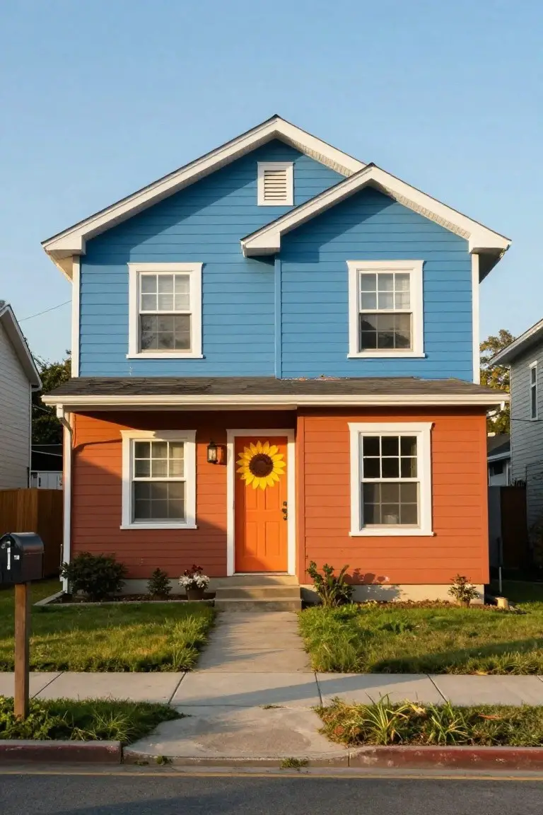 Two-story house exterior with turquoise blue upper siding over warm orange lower siding, orange front door, white trim, and sunflower wreath