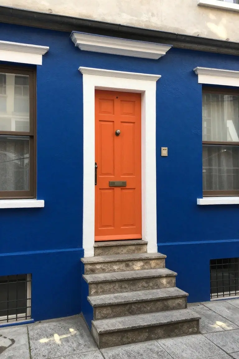 Vibrant blue house exterior with orange front door, white trim around windows and door, and stone front steps
