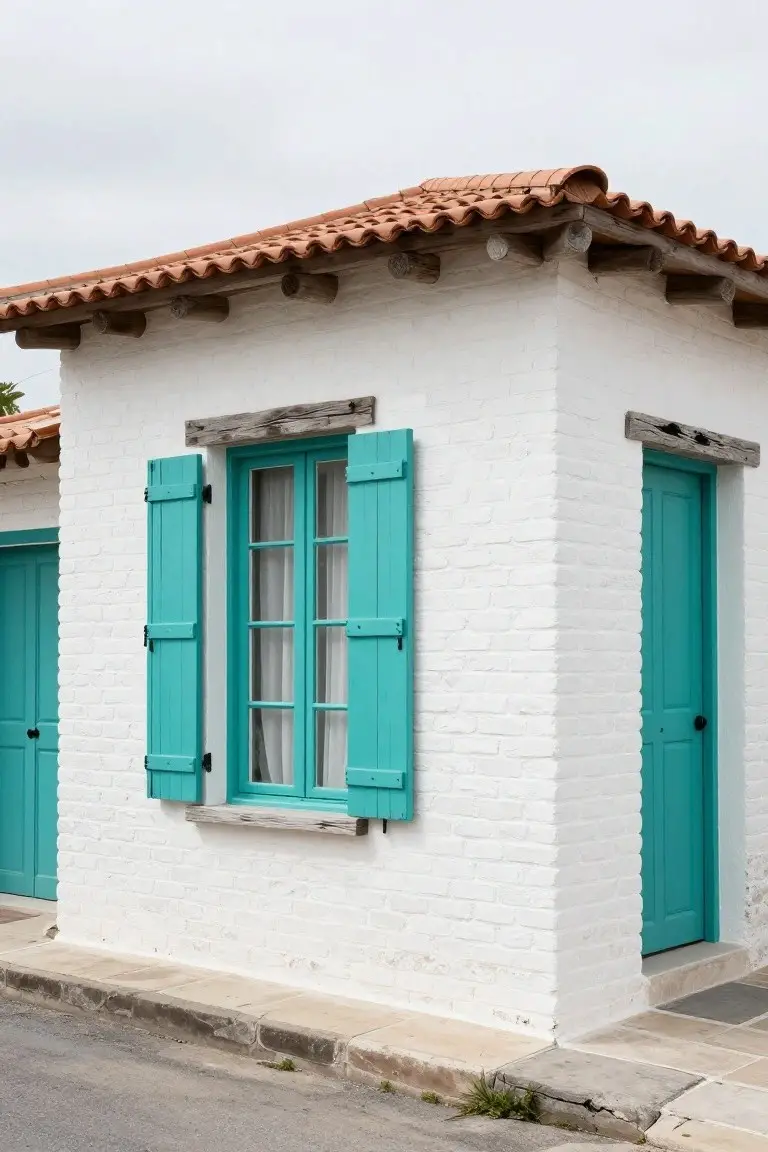White stucco house corner with turquoise shutters on windows and turquoise doors, terracotta tile roof