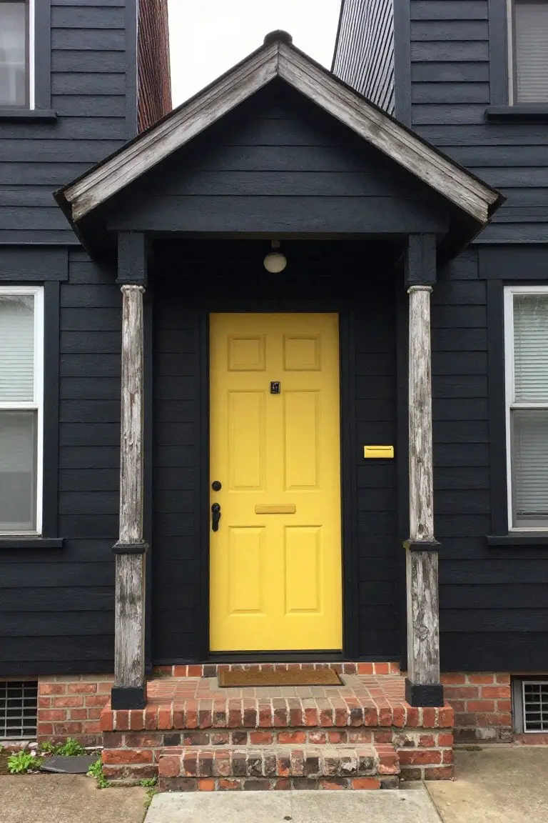 Black shingle house exterior featuring a vivid yellow front door, flanked by white-trimmed windows and wooden porch posts on brick steps