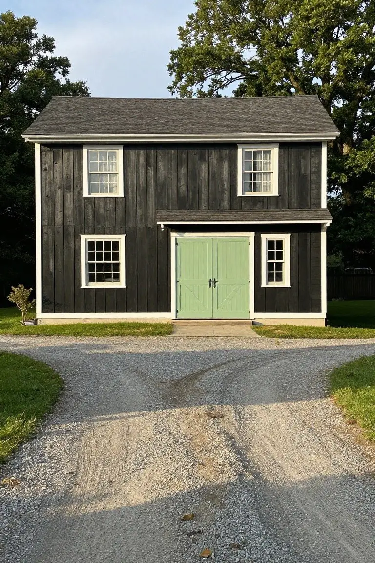 Black wood-sided house exterior with white window trim and green double doors on gravel driveway