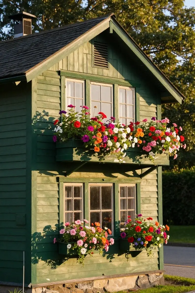 Small two-story green wooden house with dark green siding, flower boxes overflowing with red and pink blooms, stone foundation, and balcony under large windows