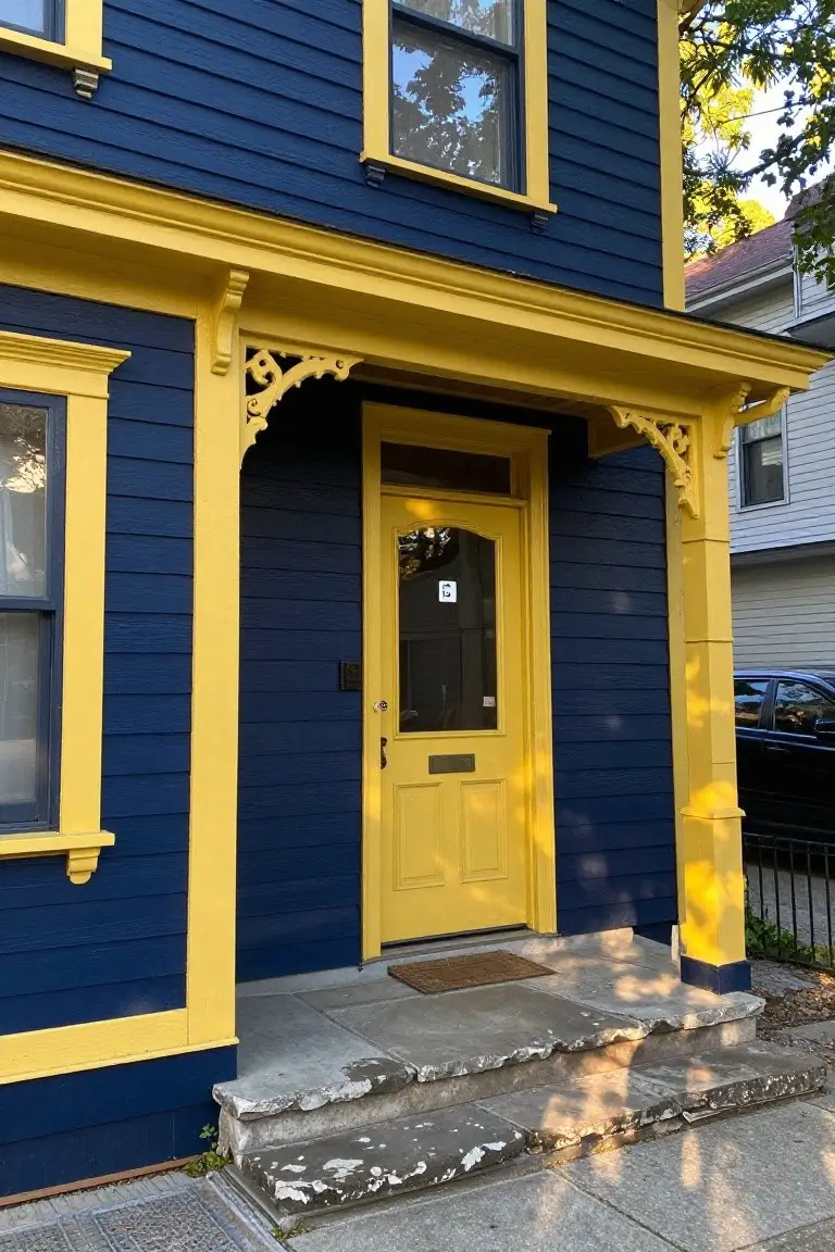 Victorian house exterior in deep navy blue siding with sunny yellow trim, porch posts, and front door
