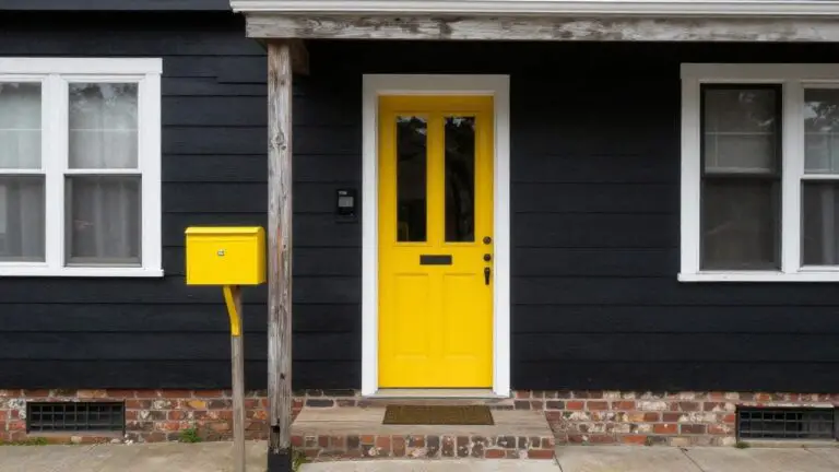 Black shingle house exterior featuring a vivid yellow front door, flanked by white-trimmed windows and wooden porch posts on brick steps