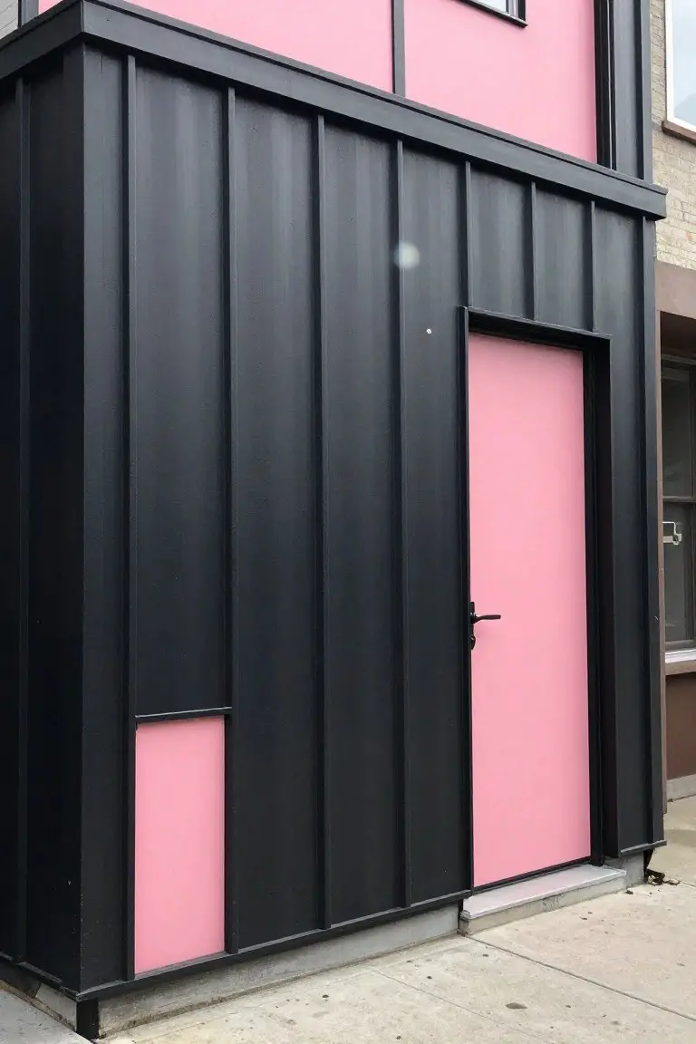 Black metal-sided structure with vibrant hot pink door and small pink panel against urban sidewalk