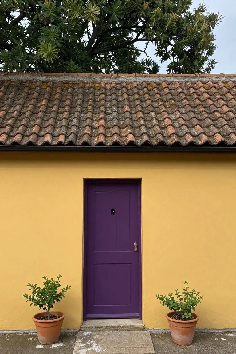 Sunny mustard yellow stucco walls with purple front door and potted plants on either side