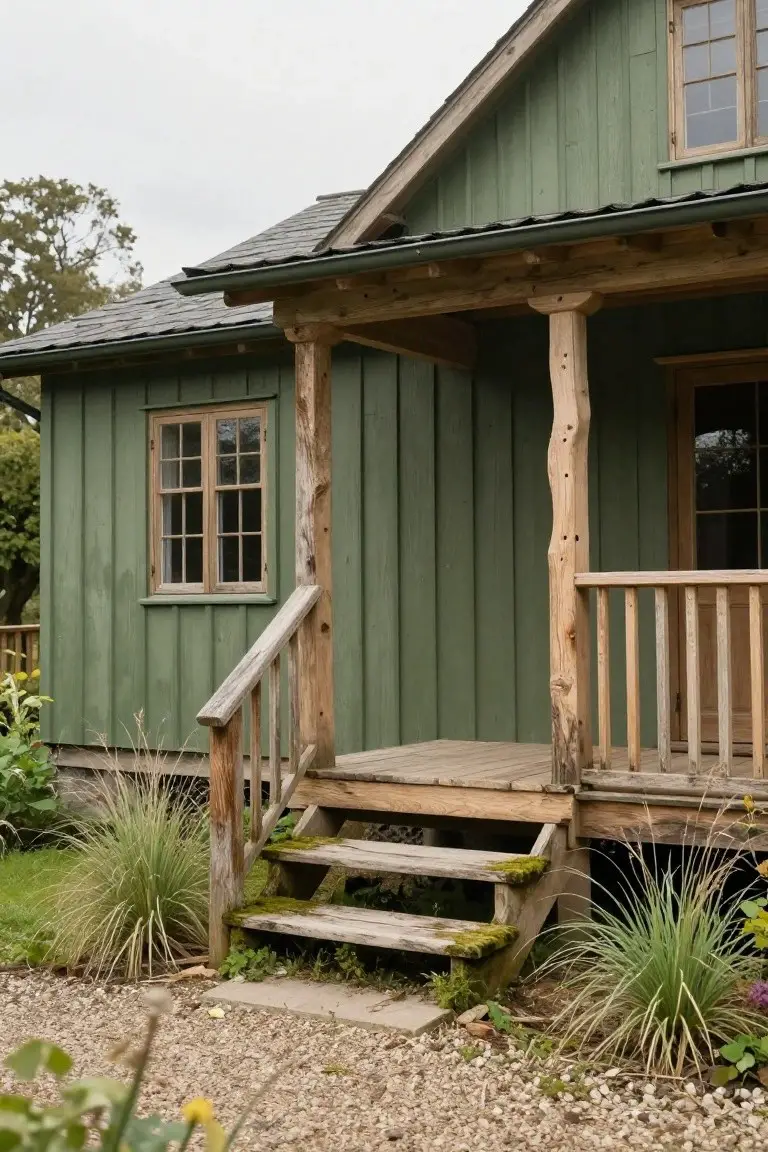Sage green painted cabin exterior with wooden porch and steps surrounded by plants