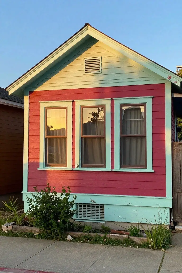 Small house with vibrant pink siding, light green trim and roof, three multipaned front windows with curtains, surrounded by low plants on a sidewalk