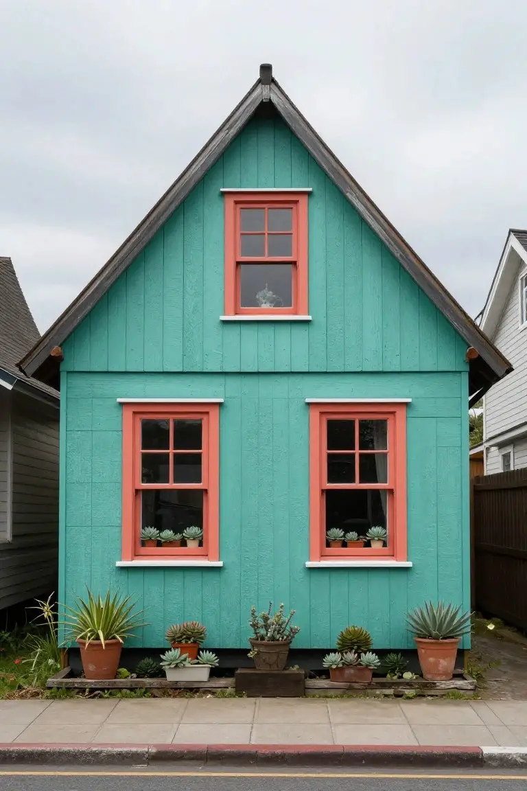 Small turquoise house with red window frames, potted plants out front, and cloudy sky above