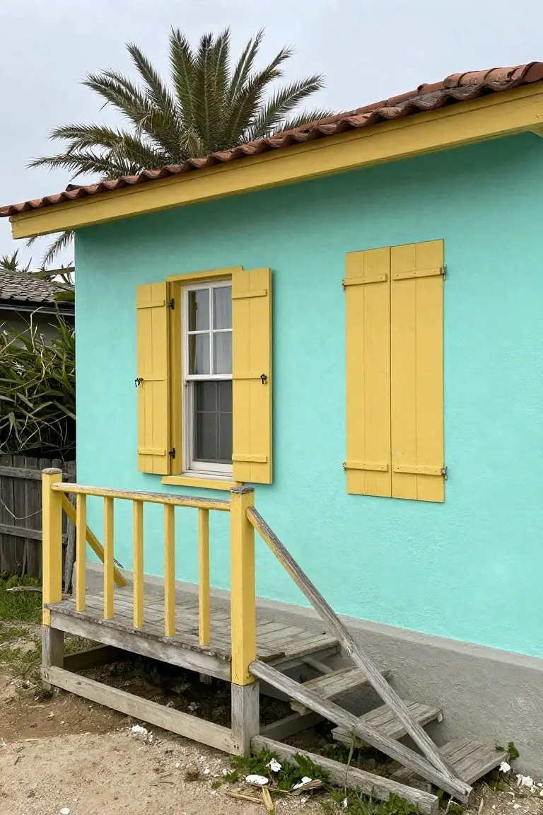 Small turquoise house exterior with yellow shutters, wooden stairs, and palm nearby