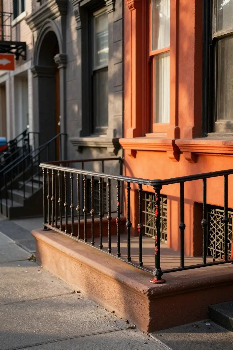 Brownstone row house with warm terracotta orange facade, black iron railings, and subtle brick details