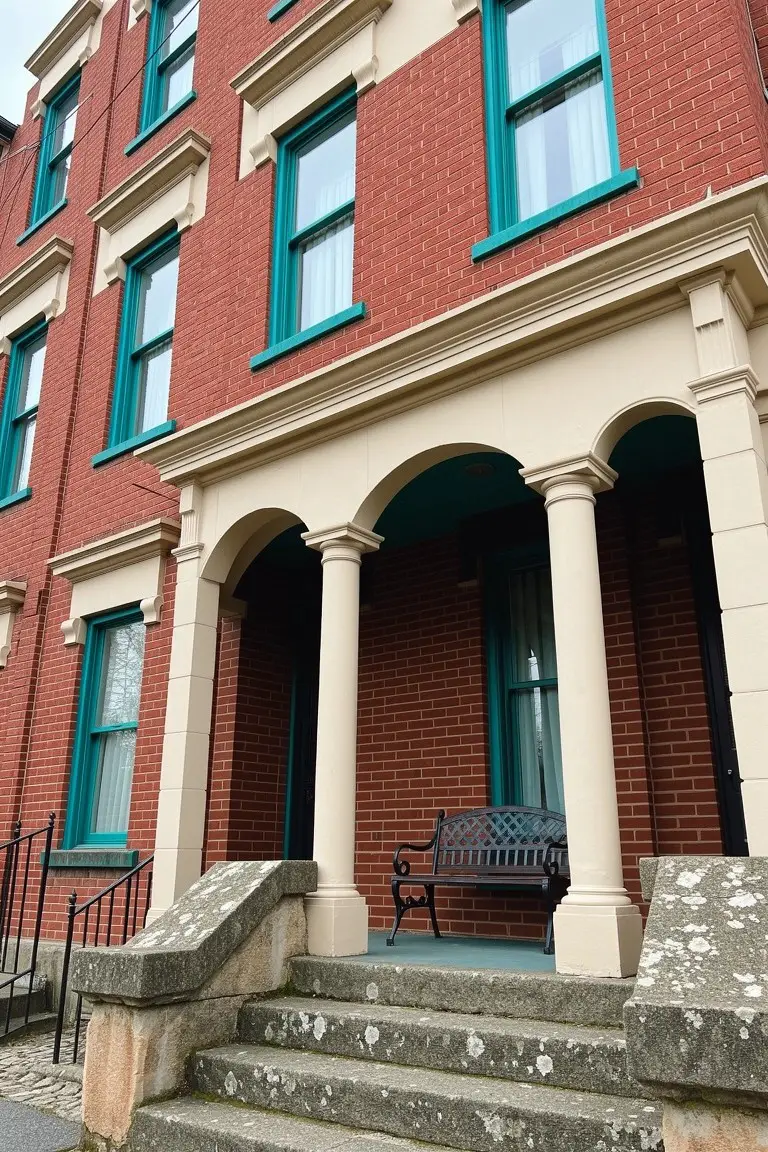 Victorian red brick house with bright teal window trim, arched porch columns, and stone steps leading to a bench