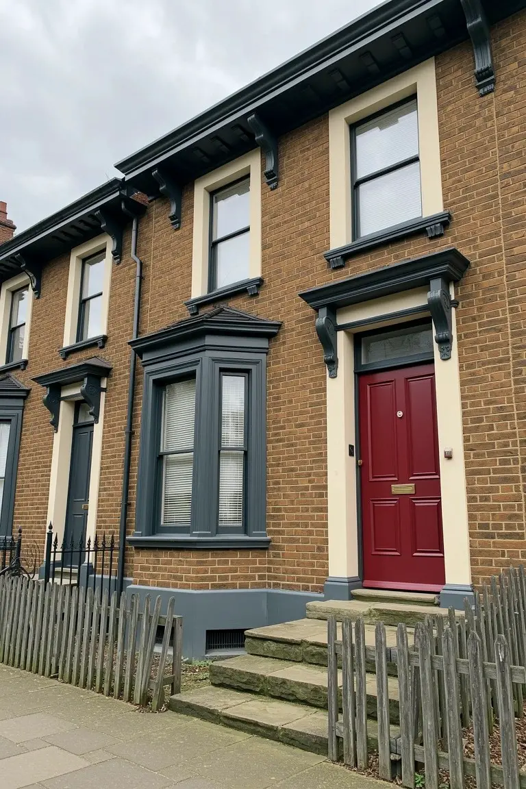 Victorian brick rowhouse exterior with charcoal gray window trim, red front door, and stone steps