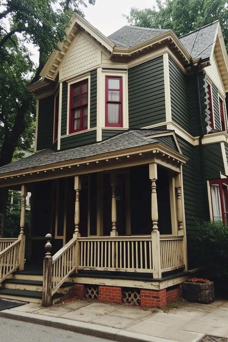 Victorian house painted in deep green siding with cream trim and red window accents under tree shade