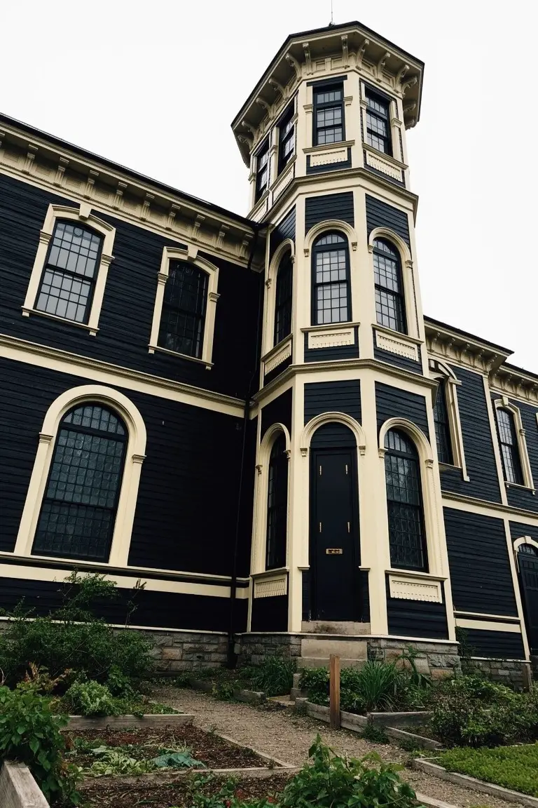 Tall Victorian house with deep black siding, white window trim, corner tower, and garden beds at the front steps