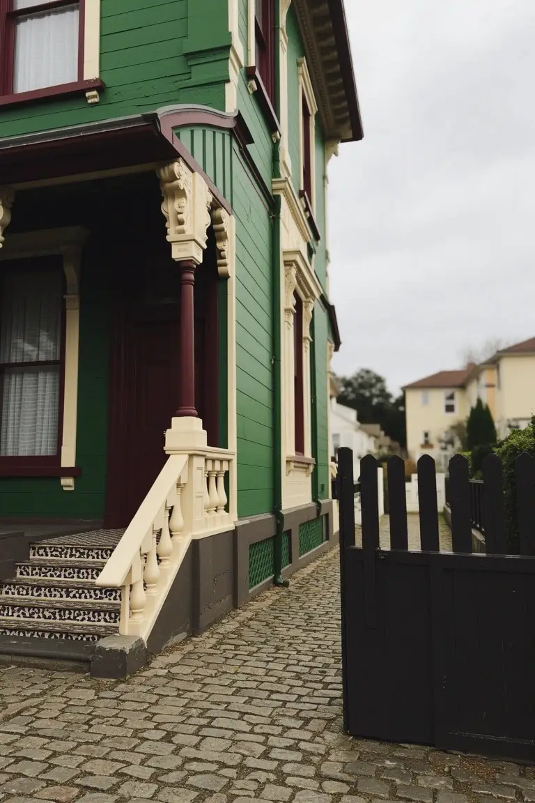 Victorian house with deep green siding, cream trim on porch rails and accents, red window frames, beside a cobblestone path