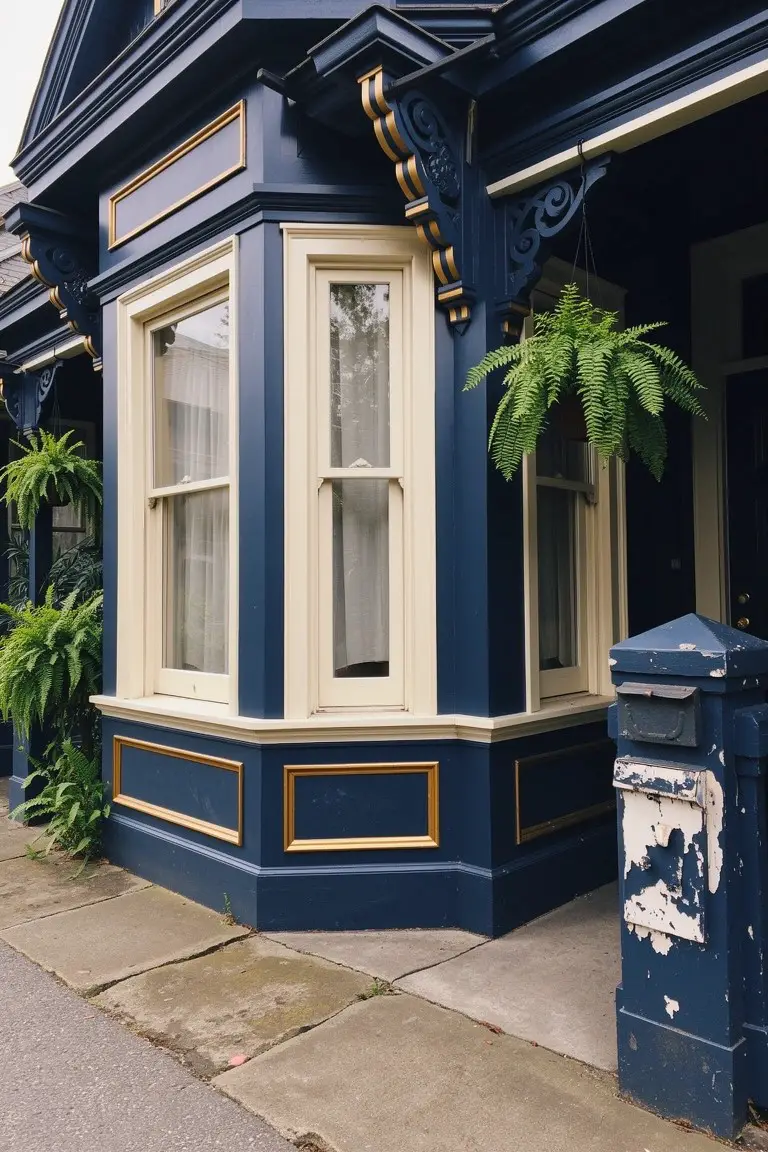 Victorian house corner with deep navy blue body paint, gold trim details, and hanging ferns