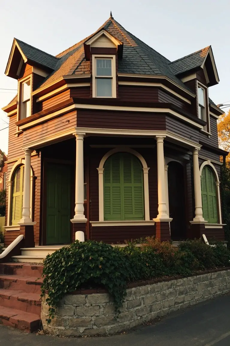 Charming Victorian turret house painted deep reddish-brown with green shutters, cream columns, and stone foundation