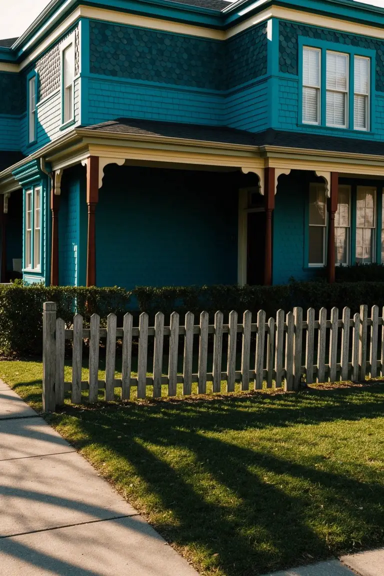 Victorian house exterior painted deep turquoise with cream trim, red porch details, and white picket fence