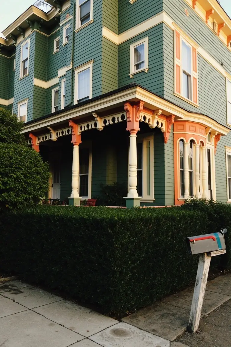 Victorian house exterior painted muted teal green with warm orange trim accents, white porch columns, and boxwood hedges