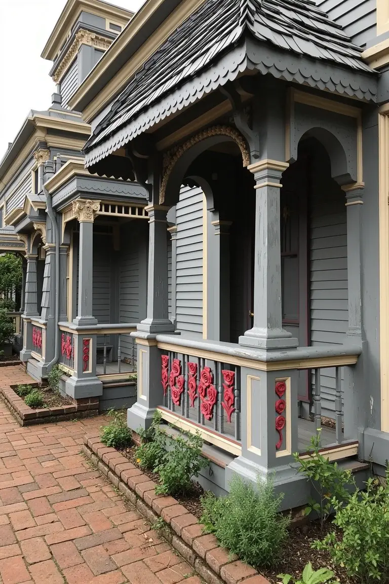 Victorian house with neutral gray siding, cream trim, and red porch balusters on a brick walkway