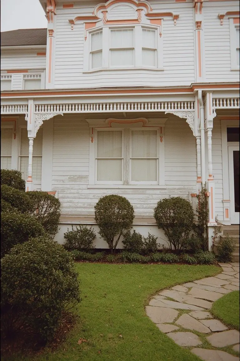 White Victorian house with pale orange trim accents on brackets and edges, flanked by boxwood shrubs, stone walkway, and green lawn