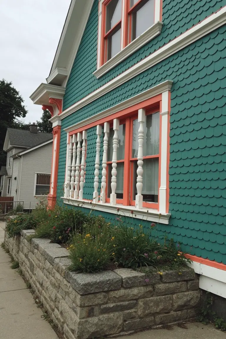 Victorian house with rich teal fishscale shingles, orange-red window trim, white balustrades, and a stone planter along the sidewalk