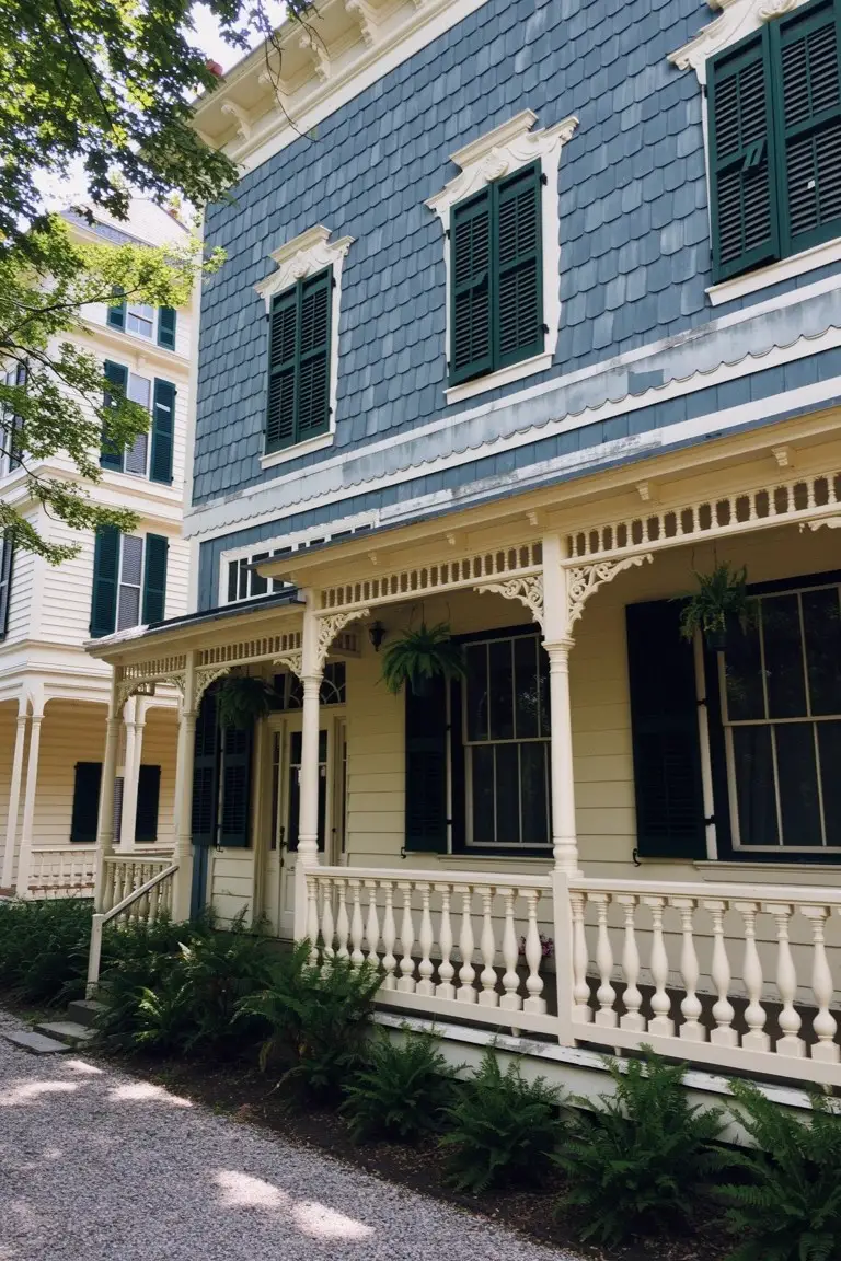 Victorian house with soft blue-gray shingle siding, cream trim and porch details, green shutters, surrounded by trees and ferns