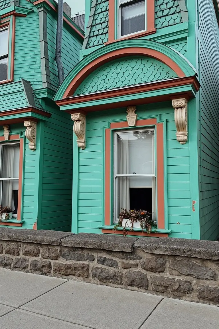 Victorian house exterior painted teal green with red trim accents, stone wall base, and potted plants in windows