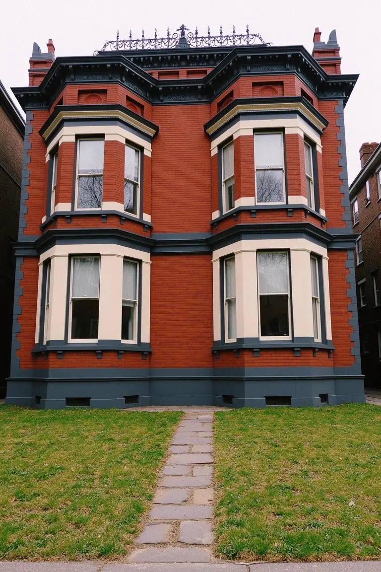 Red brick Victorian house with warm cream window trim and dark gray accents on a green lawn