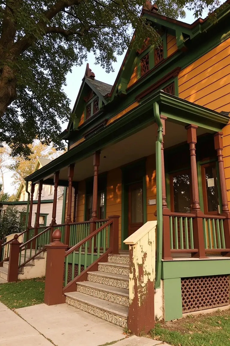 Victorian house exterior painted in warm mustard yellow with green trim and wooden porch details