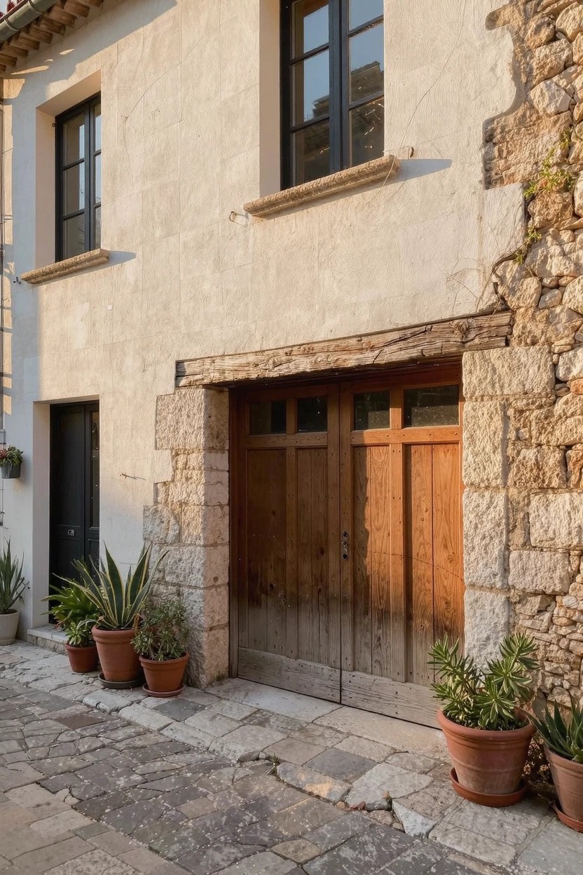 Rustic house with creamy white plastered upper walls, exposed stone base, wooden garage doors, black window frames, and potted plants along a stone path.