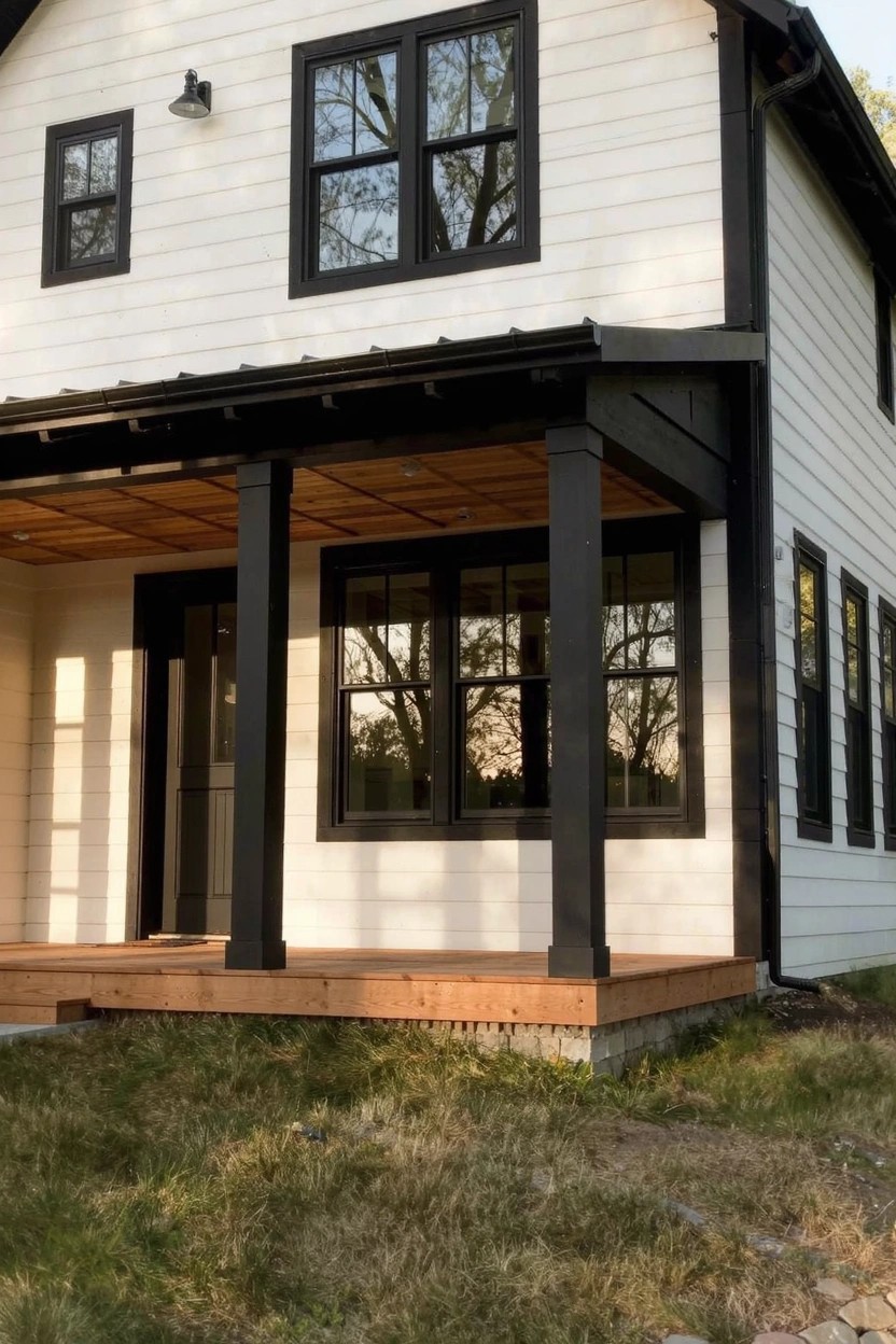 Modern home exterior with crisp white clapboard siding, black window trim, and wooden porch posts