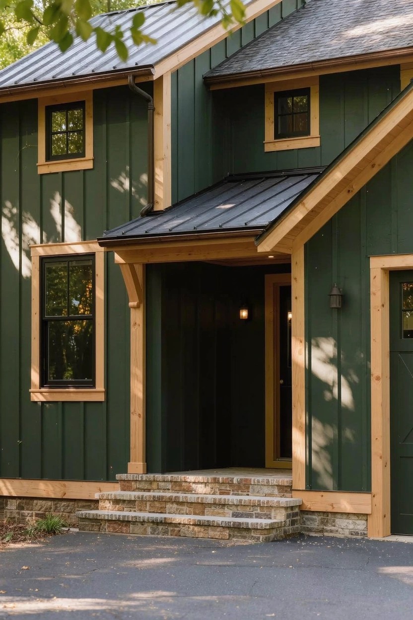 Modern home exterior with deep green board-and-batten siding, warm wood beam accents, black metal roof, and stone entry steps