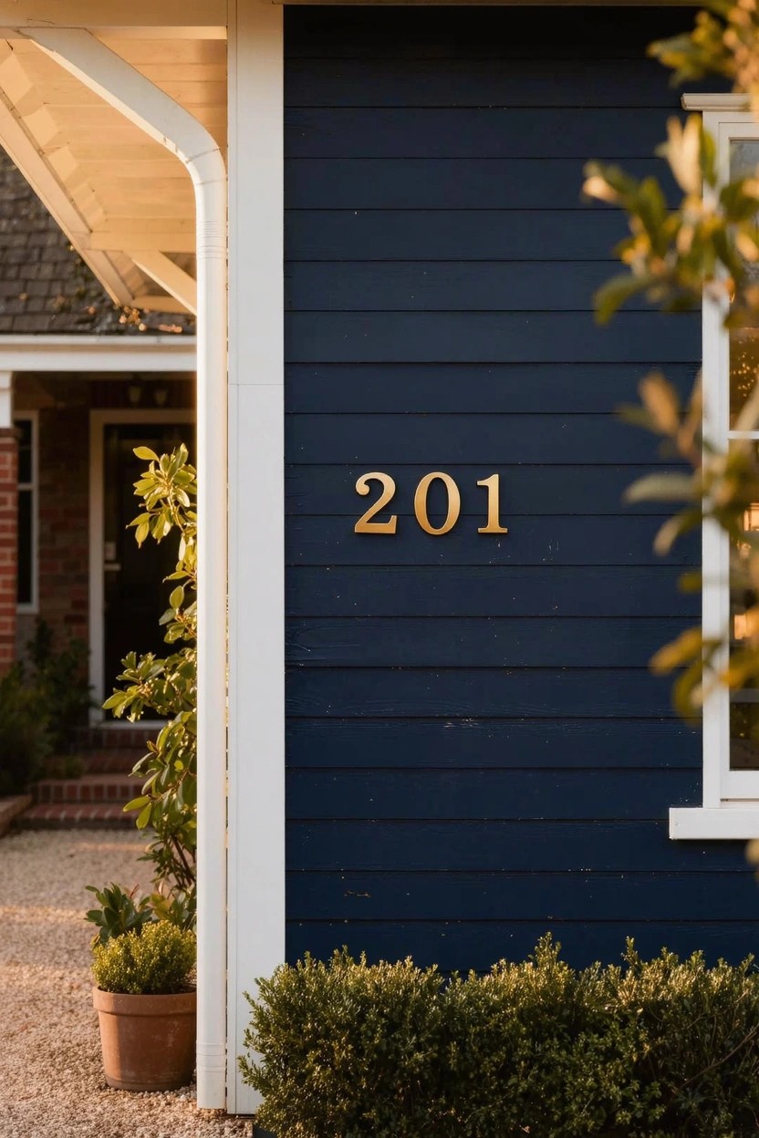 Deep navy blue house siding with white trim, gold house number 201, brick accents, and potted plants
