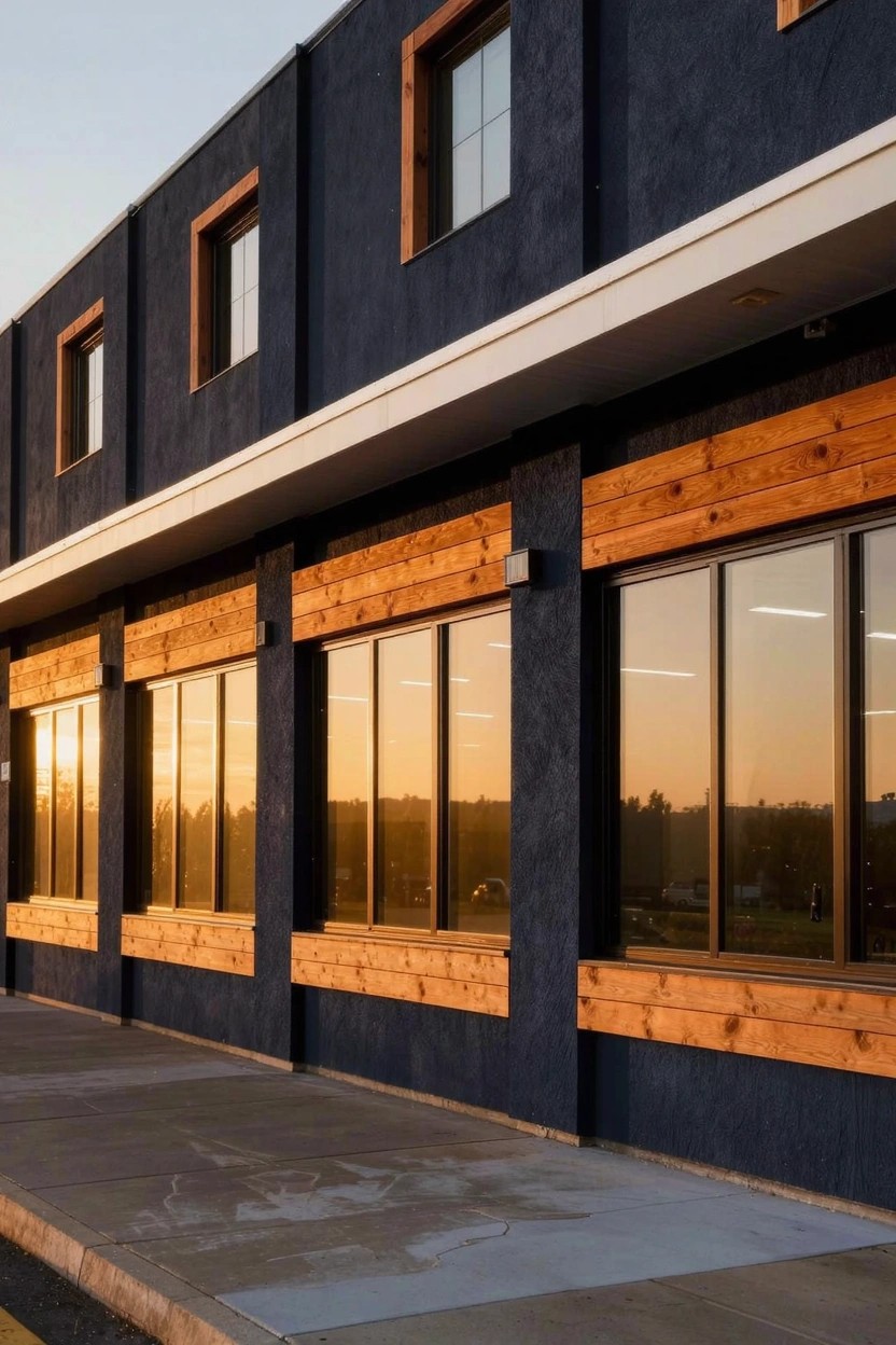 Modern building exterior painted deep navy with warm wood trim and large windows