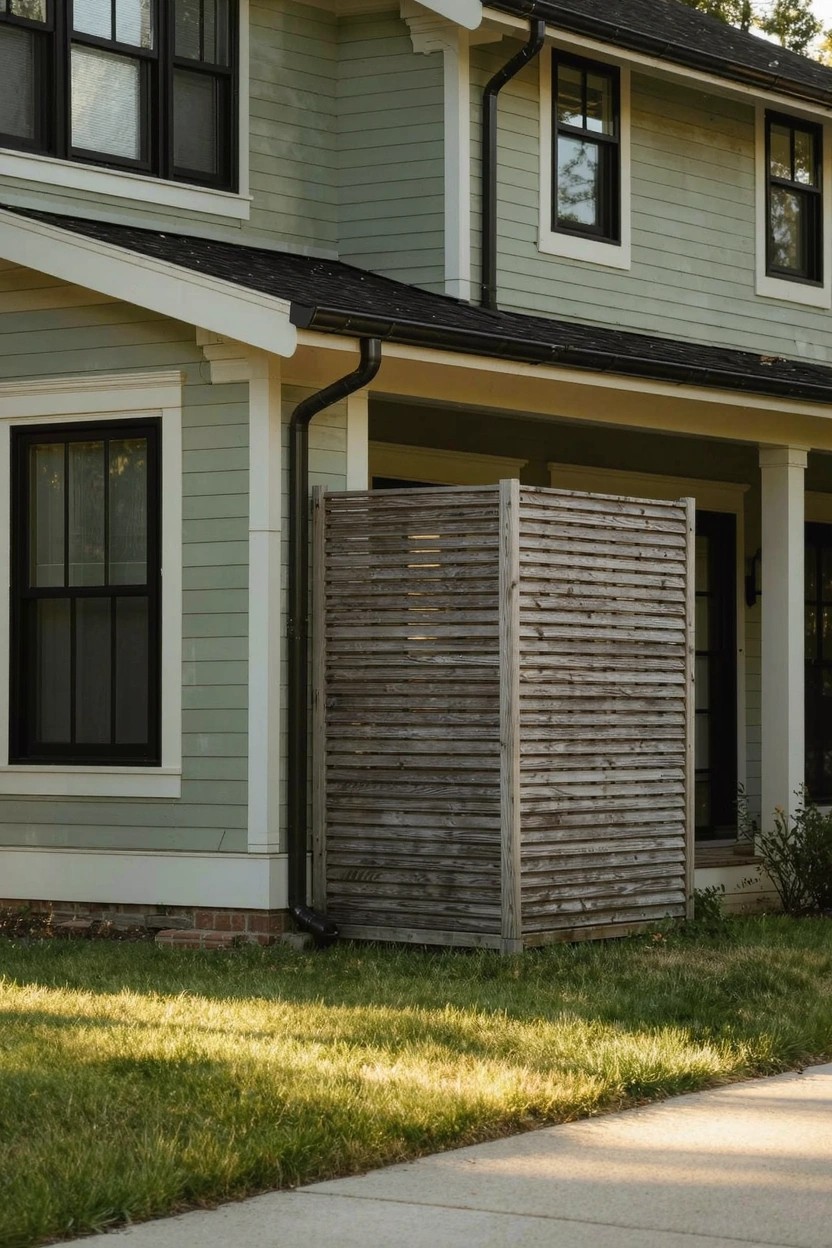 Modern home exterior in soft sage green siding with white trim, black windows, dark roof, and cedar privacy screen beside green lawn