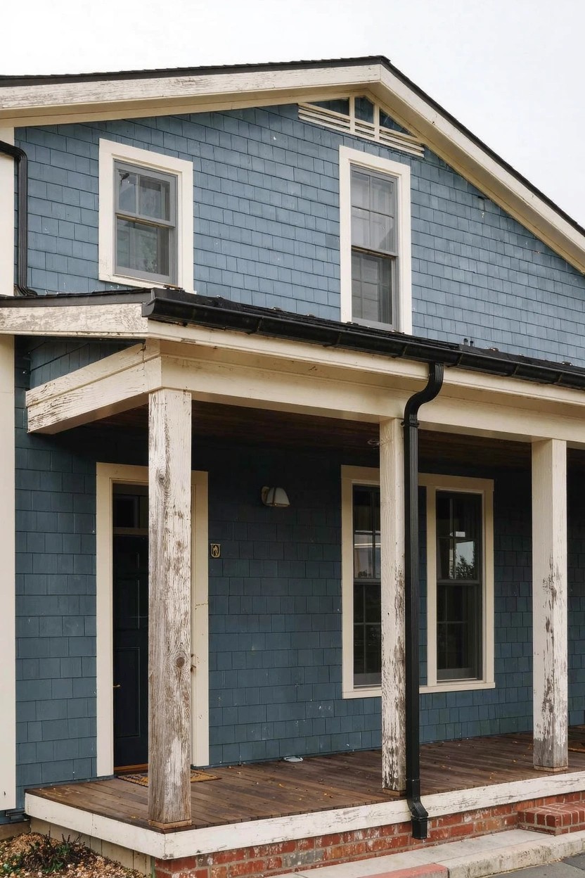 Deep navy blue clapboard siding on a weathered house with wood porch and trim