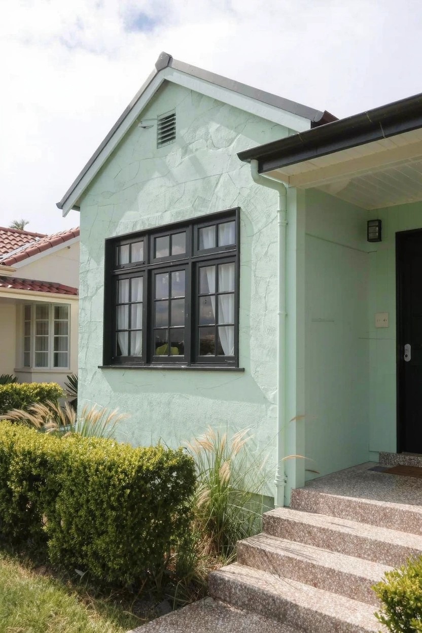 Pale sage green house exterior with black-framed windows, dark green door, and simple landscaping