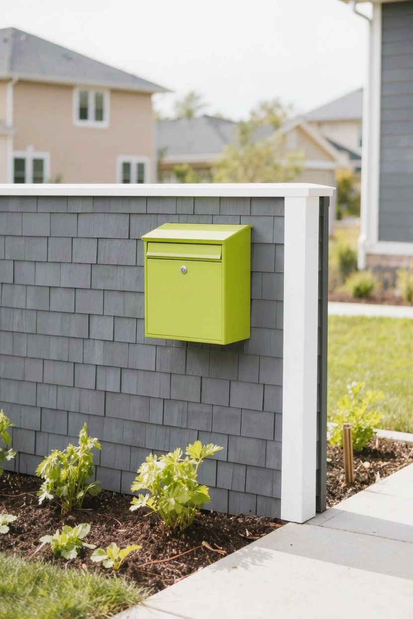 Bright lime green mailbox on gray shingle wall with white trim and green lawn