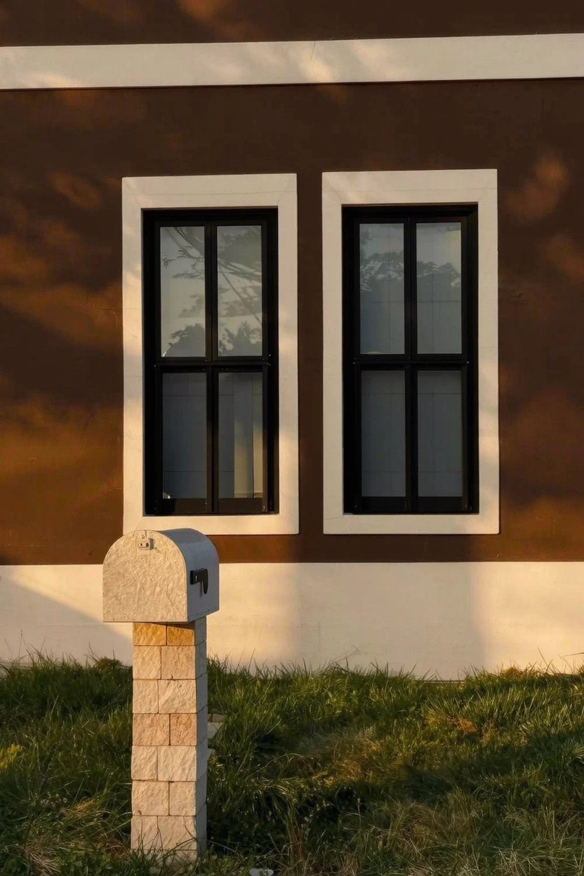 Warm brown painted house exterior with double-hung white-framed windows and stone mailbox post on grassy lawn