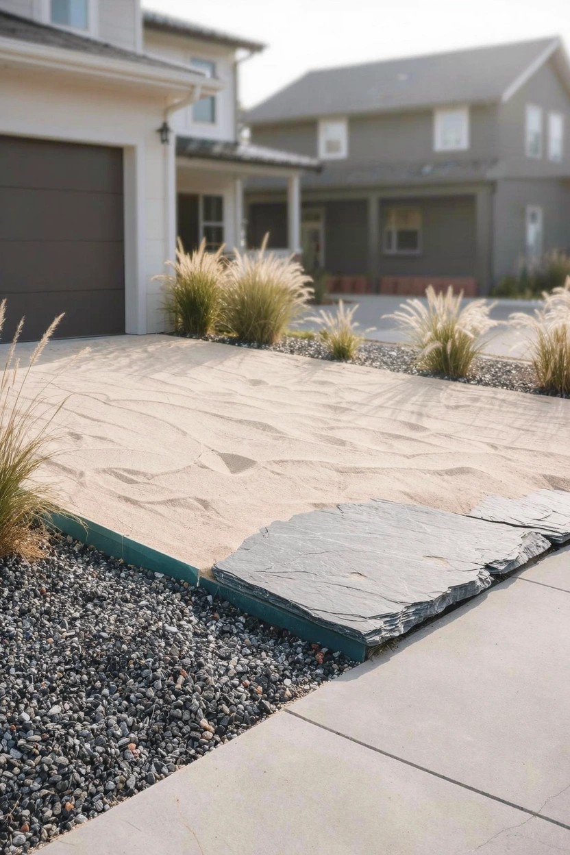 Modern house with warm greige siding, white trim, garage door, and desert gravel landscaping