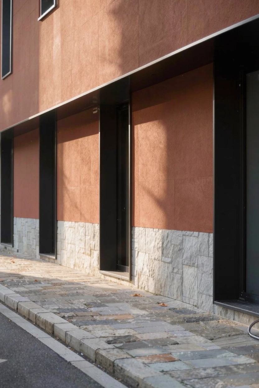 Warm terracotta exterior walls with black trim and stone base on a modern home