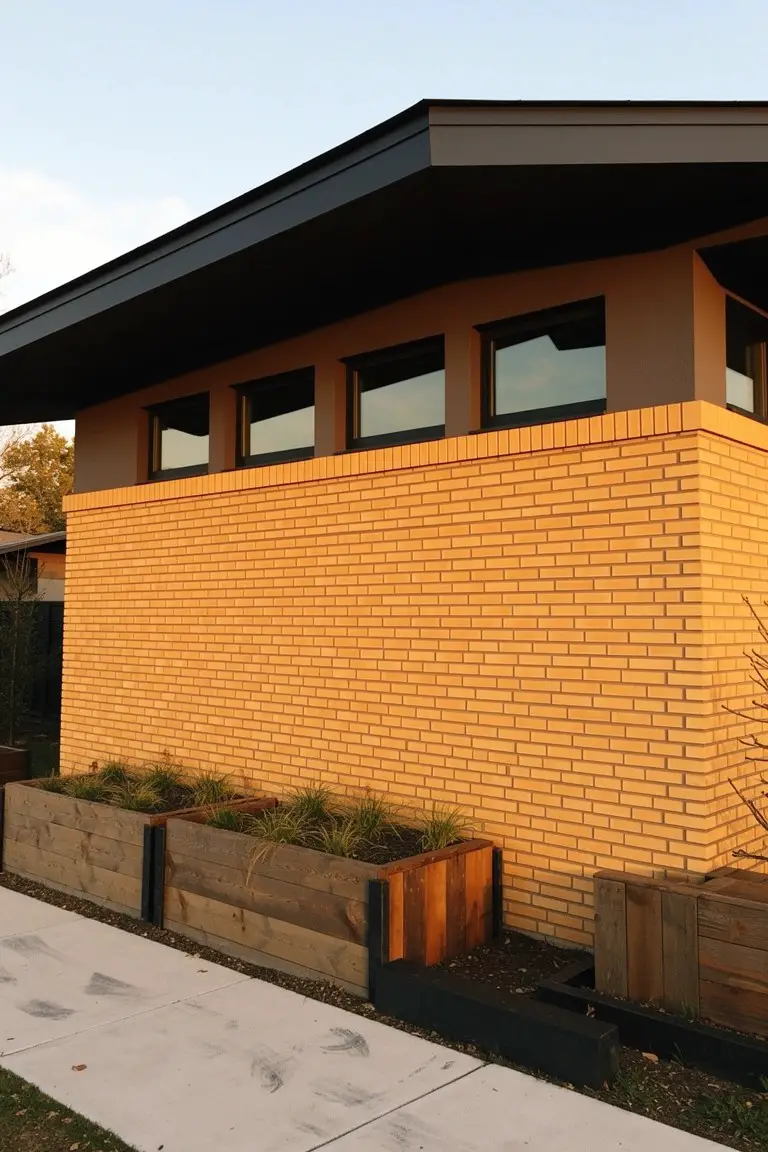 Modern brick house exterior with deep black trim framing windows and overhanging roof, wooden planters at the base, and concrete walkway