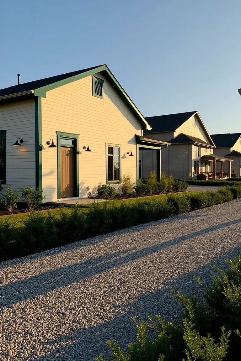 Modern pale yellow-beige house with dark green trim, gravel driveway, and neat hedges under blue sky