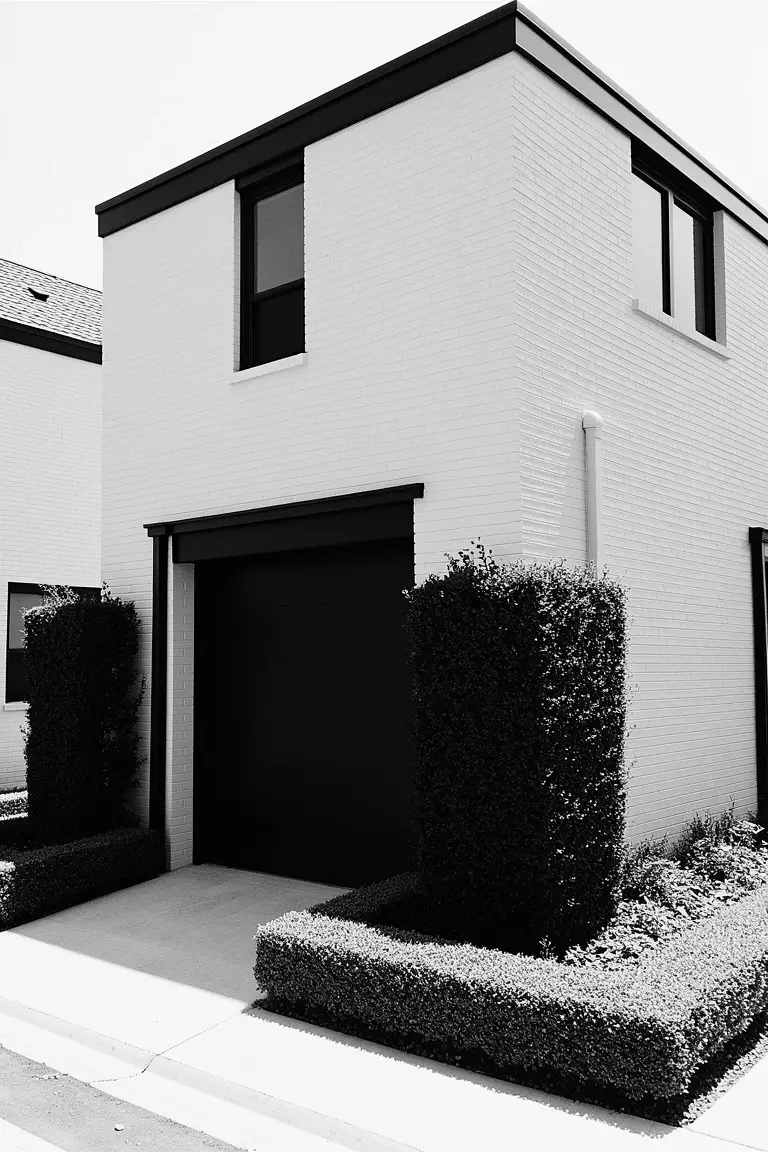 White brick modern house exterior with deep black trim on windows, garage door, and roofline, edged by clipped hedges