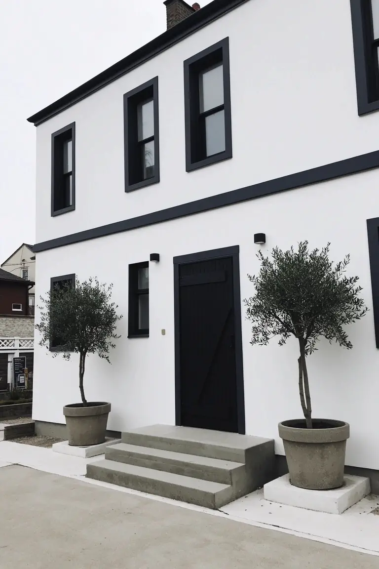 Crisp white exterior walls with black window frames and door, flanked by potted olive trees on a concrete entry