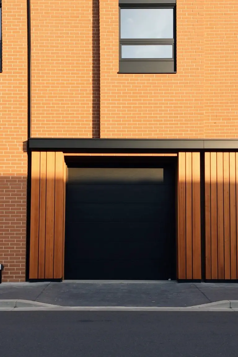 Brick house exterior featuring deep black garage door trim paired with wood accents